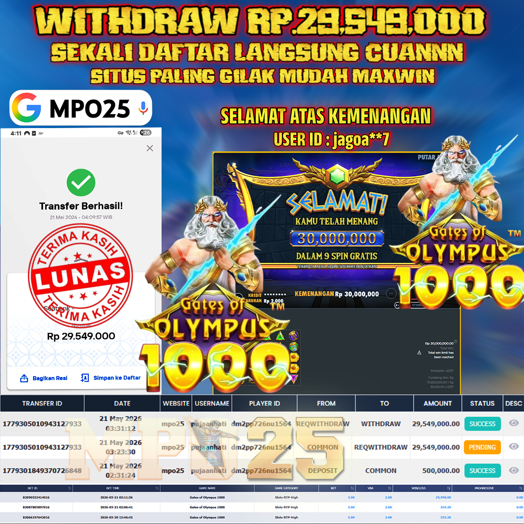 MPO25 BERMAIN GATES OF OLYMPUS 1000 DAPAT JACKPOT WD Rp.29,549,000- DI BAYAR TUNTAS